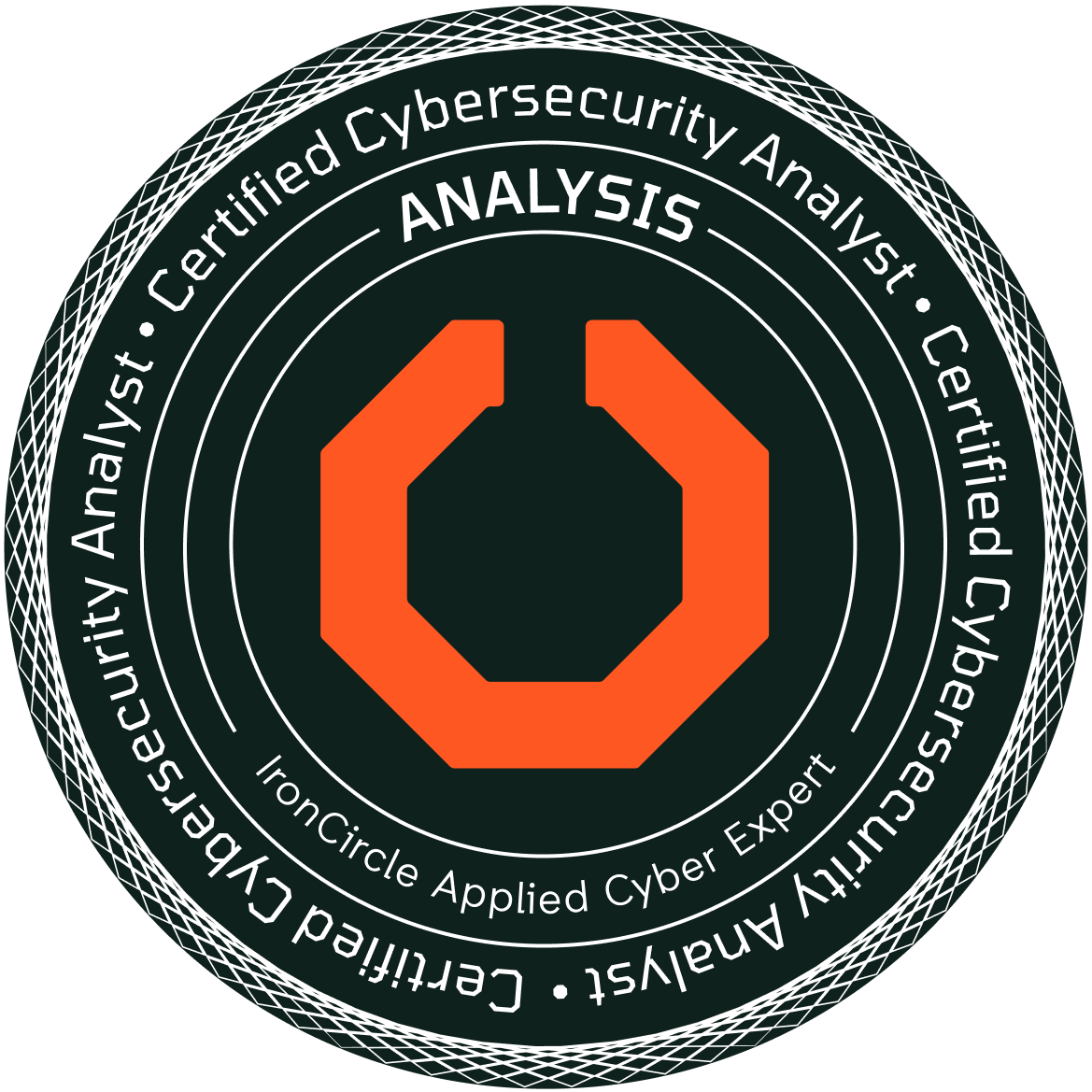 Certified Cybersecurity Analyst Analysis badge from IronCircle, validating advanced cybersecurity skills in threat analysis, monitoring, and incident response.