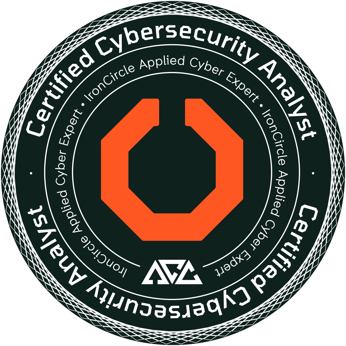 Official Certified Cybersecurity Analyst badge by IronCircle, featuring the IronCircle Applied Cyber Expert seal and emblem for cybersecurity certification.
