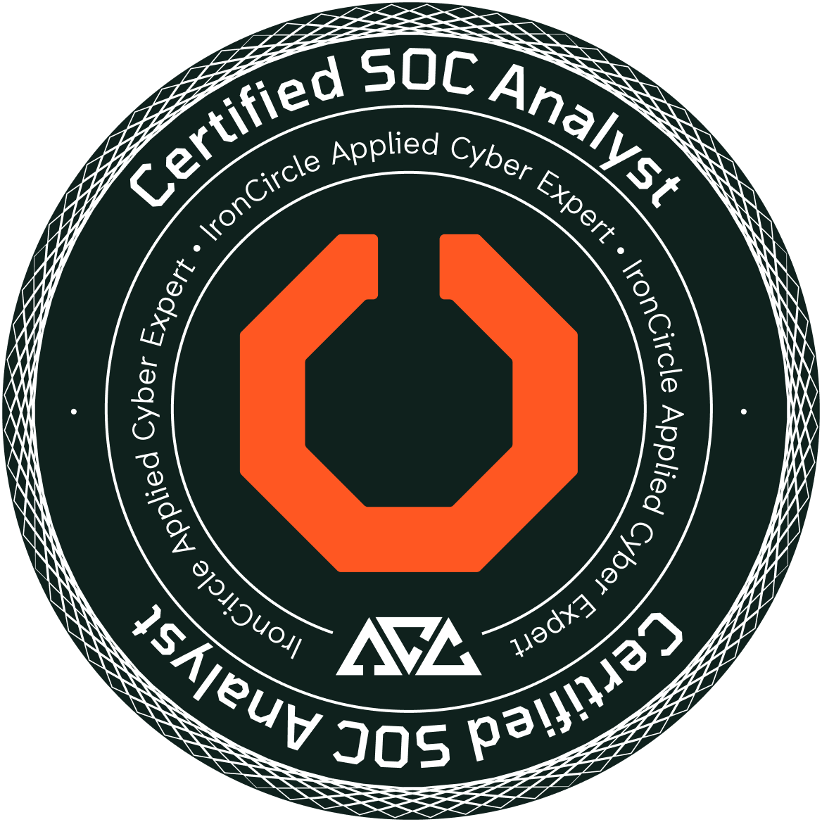 Certified SOC Analyst badge from IronCircle, recognizing applied cybersecurity expertise in security operations, threat monitoring, and incident response.