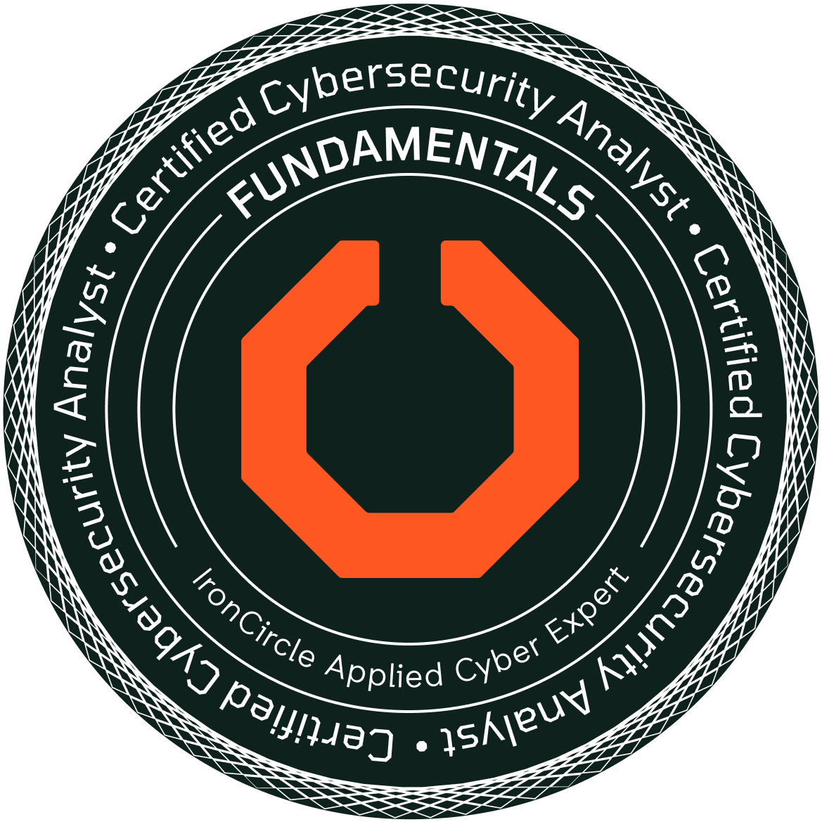 Certified Cybersecurity Analyst Fundamentals badge from IronCircle, validating applied skills in information security, risk management, and network defense.