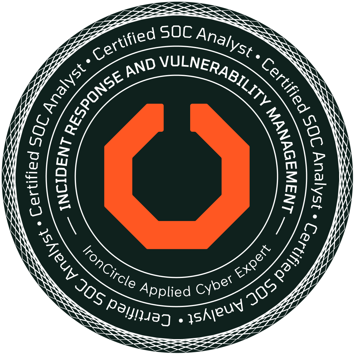 Certified SOC Analyst badge in Incident Response & Vulnerability Management from IronCircle, validating professional skills in handling cyber incidents and managing vulnerabilities.