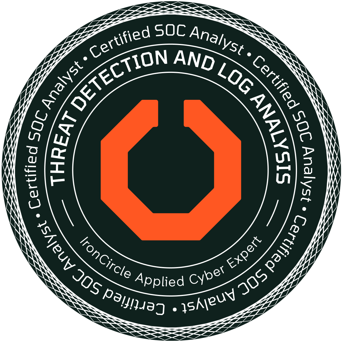 Certified SOC Analyst badge in Threat Detection & Log Analysis from IronCircle, validating applied expertise in detecting cyber threats and analyzing security logs.