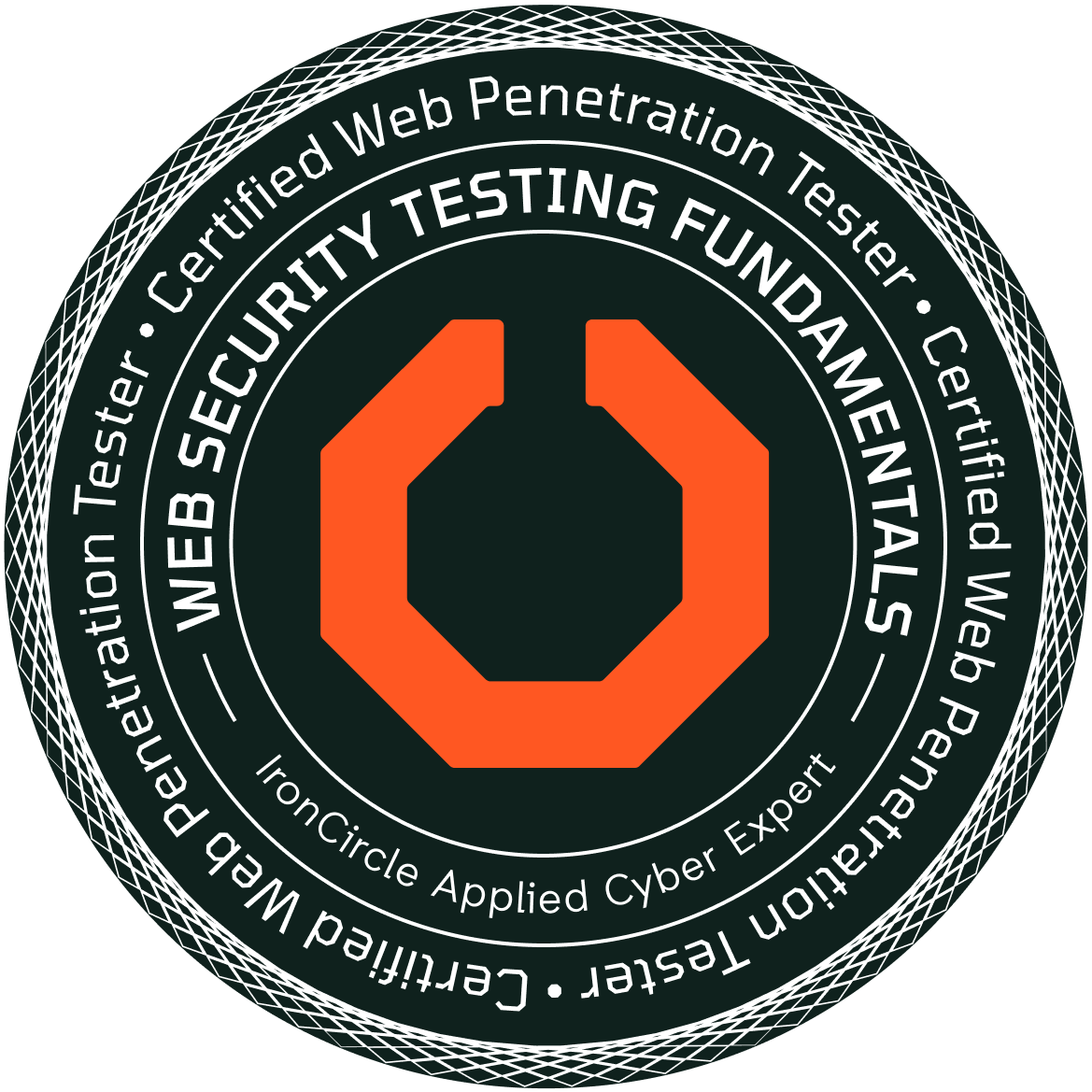 Certified Web Penetration Tester badge in Web Security Testing Fundamentals from IronCircle, validating entry-level web application security testing skills.