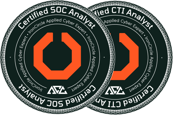 IronCircle Certified SOC Analyst and Certified CTI Analyst badges from the Applied Cyber Expert cybersecurity certification series