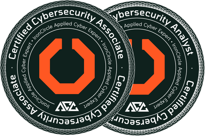 IronCircle Certified Cybersecurity Associate and Analyst badges featuring the IronCircle Applied Cyber Expert logo in orange and black