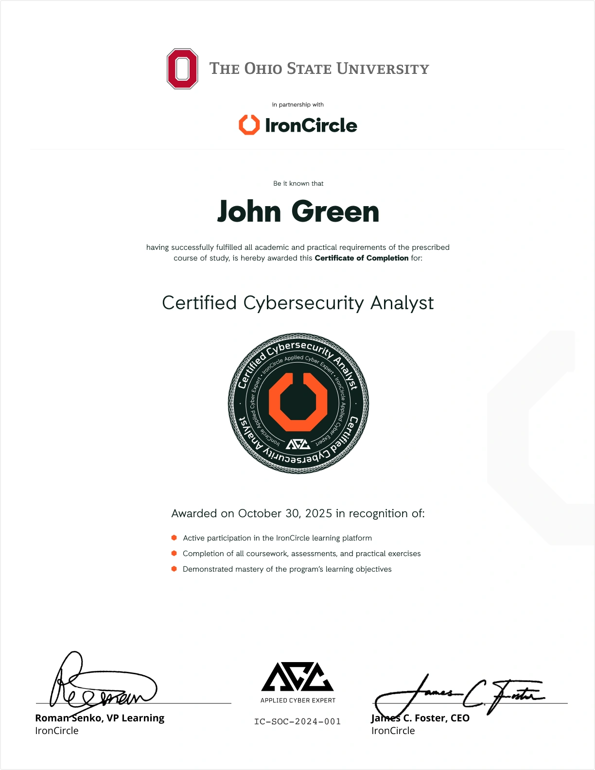 Co branded certificate of completion osu 2x