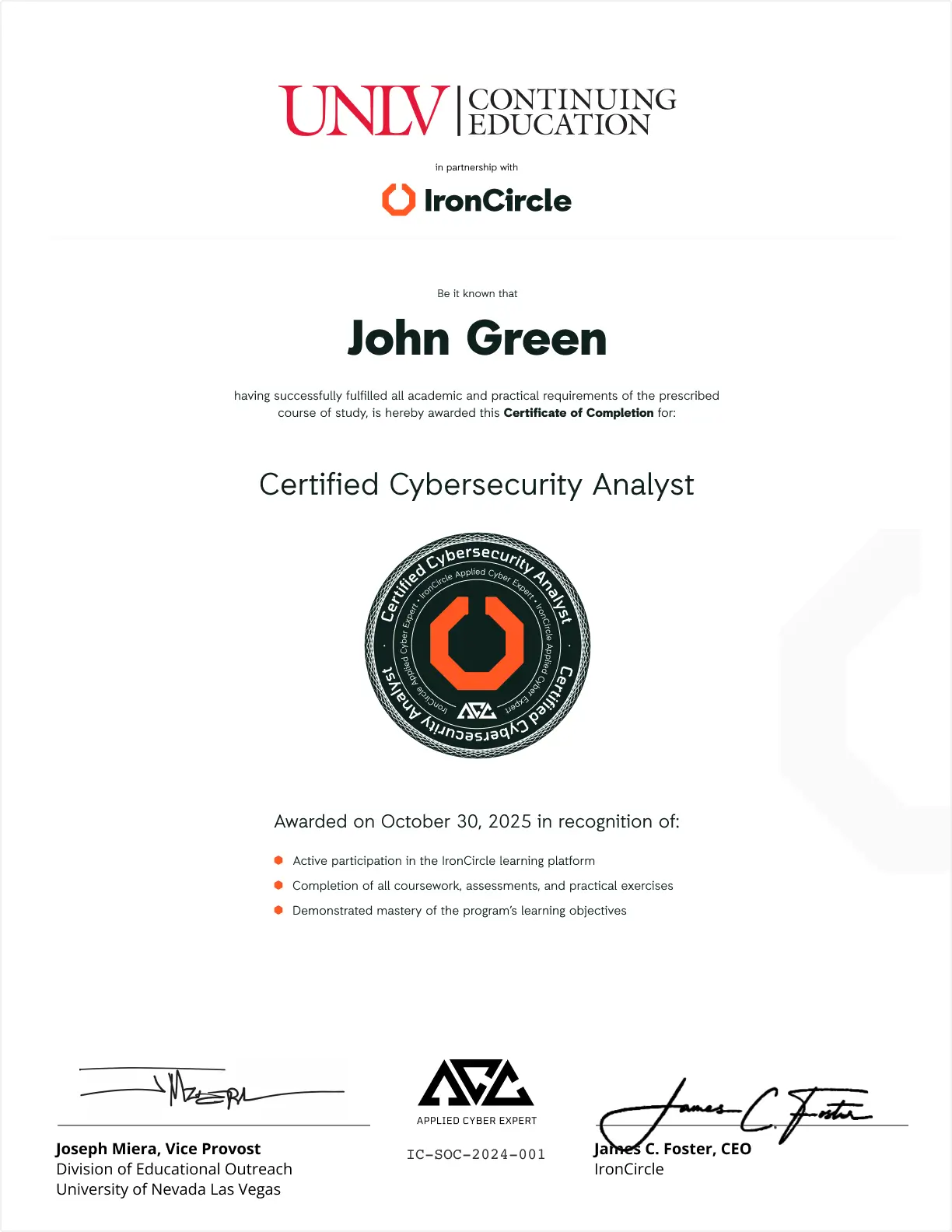 Co branded certificate of completion unlv 2x